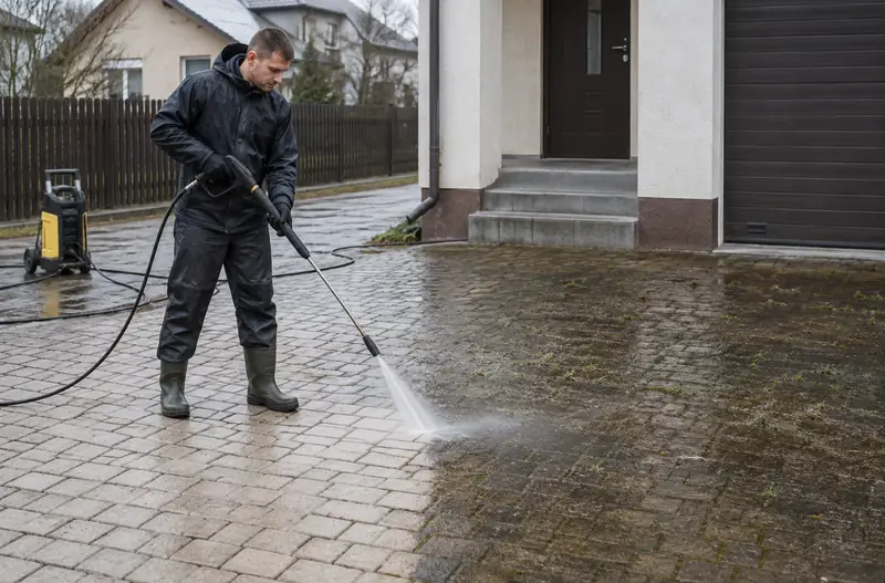 Bruģakmens mazgāšana ar augstspiediena mazgātāju privātmājas pagalmā