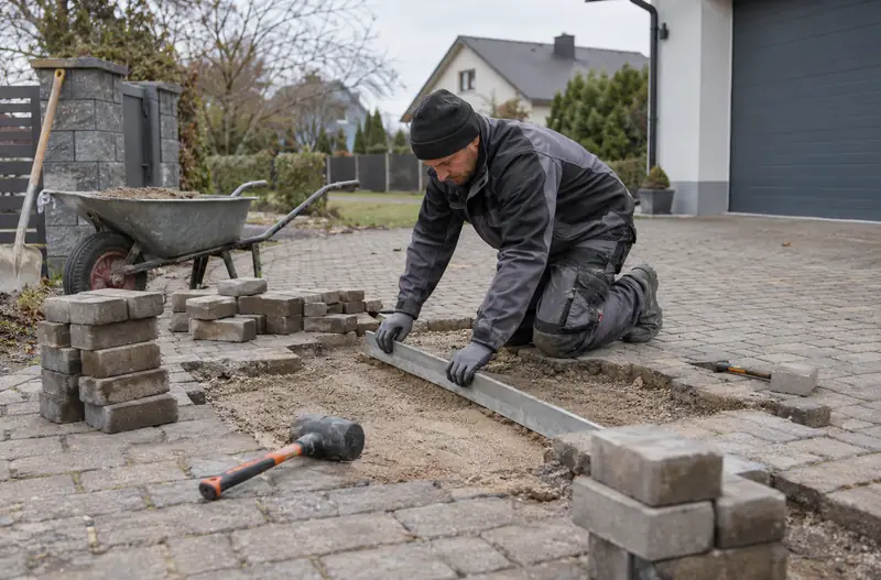 Meistars ar līstu izlīdzina pamatni bruģakmens pārlikšanas laikā