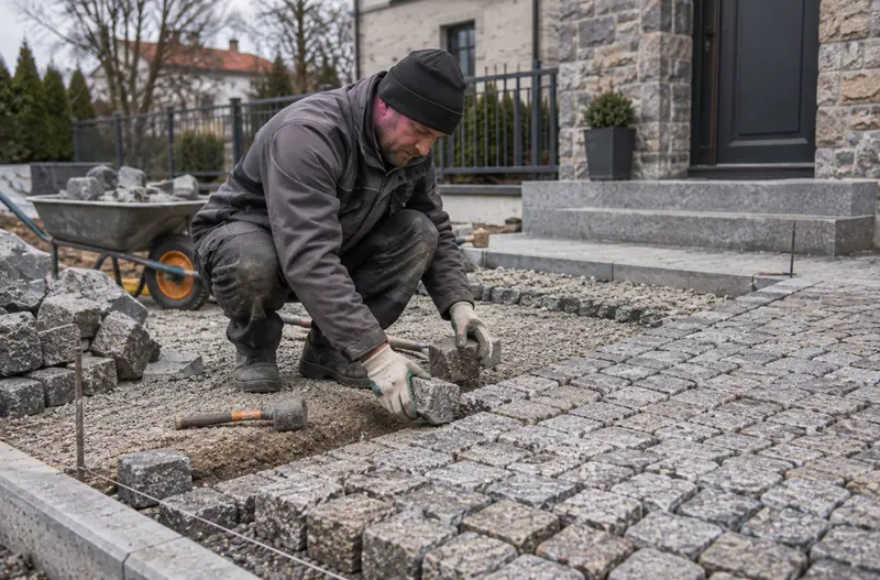 Granīta bruģa ieklāšana uz šķembu pamatnes pie mājas ieejas