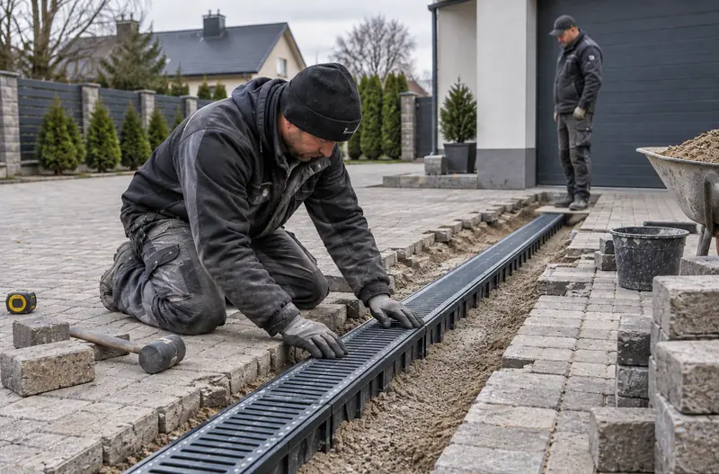 Ūdens novadīšanas renes ar režģi ieklāšana bruģakmens segumā