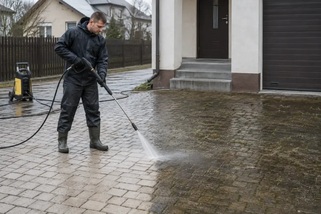 Bruģakmens mazgāšana ar augstspiediena iekārtu