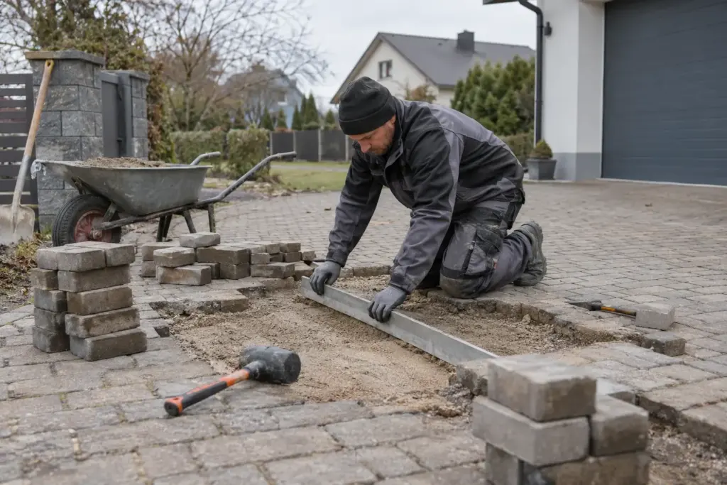 Meistars izlīdzina pamatni pirms bruģa atkārtotas ieklāšanas