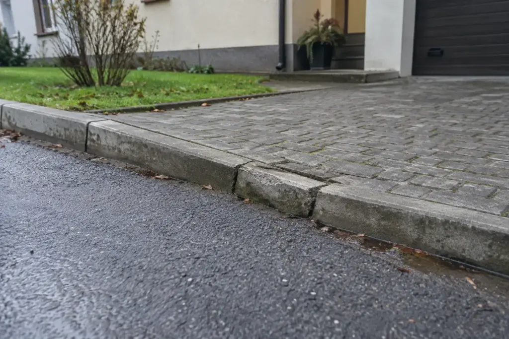 Bojāts betona apmales posms blakus bruģim