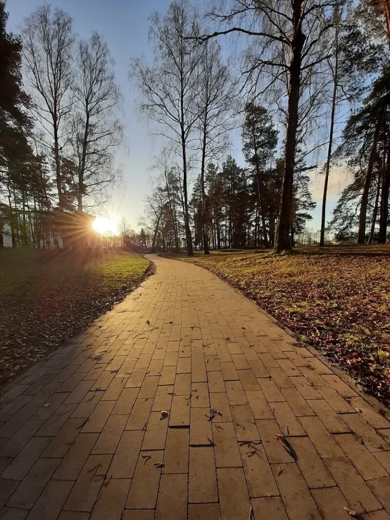 Parka celiņš no bruģakmens starp kokiem saulrietā